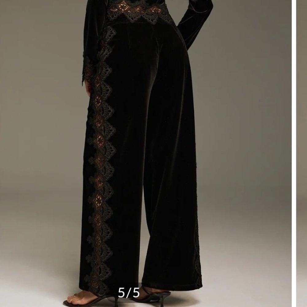 Commense Black Velvet Wide Leg Pants Sheer Lace Side Panel High Rise Large NEW - Picture 4 of 16